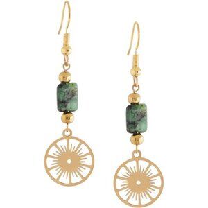 Gold Sunburst Earrings | Green Stone Bead Dangle | Boho Hippie Vintage-Inspired